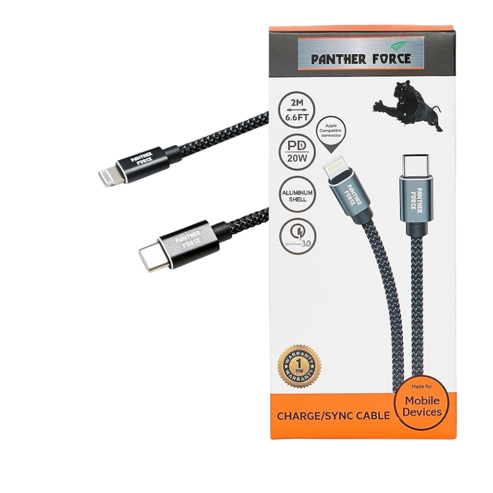 PF62- Panther Force Fast PD Charge/Sync USB-C to Apple Compatible Cable - Fast Charging and Data Transfer PF62- Panther Force Fast PD Charge/Sync USB-C to Apple Compatible Cable - Fast Charging and Data Transfer